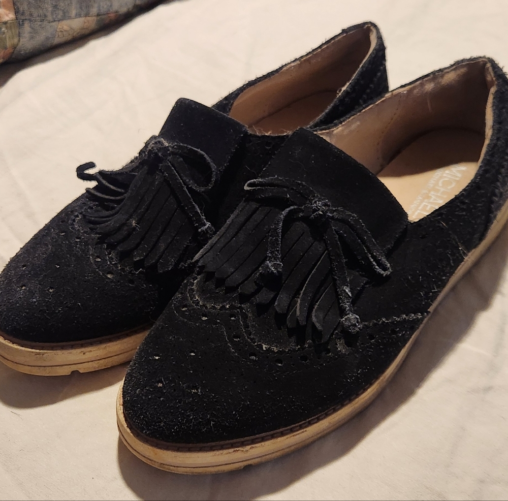 Women's Black Suede Loafers with Fringe